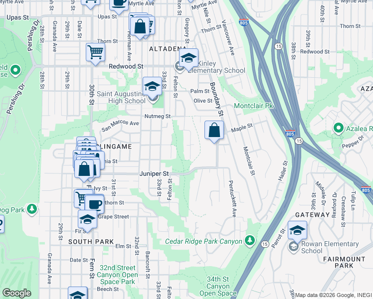 map of restaurants, bars, coffee shops, grocery stores, and more near 2446 34th Street in San Diego