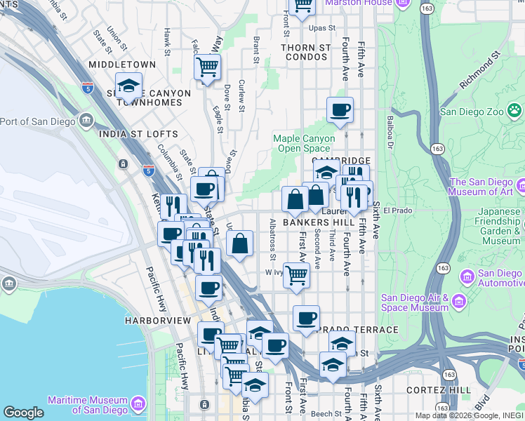 map of restaurants, bars, coffee shops, grocery stores, and more near in San Diego