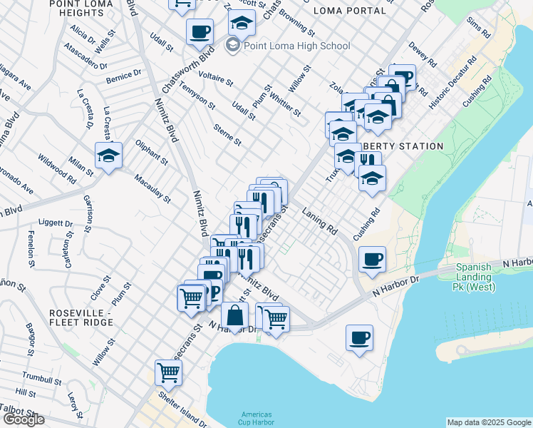 map of restaurants, bars, coffee shops, grocery stores, and more near 3005 Quimby Street in San Diego