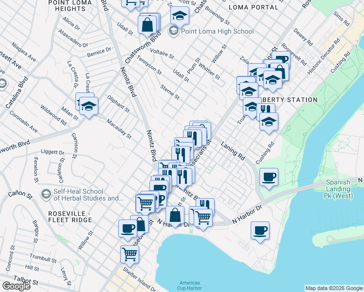 map of restaurants, bars, coffee shops, grocery stores, and more near 1870 Locust Street in San Diego