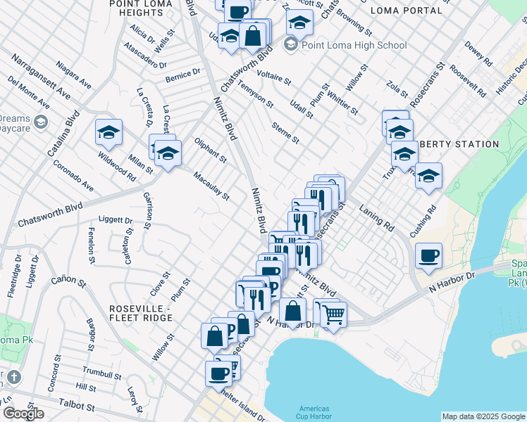 map of restaurants, bars, coffee shops, grocery stores, and more near 3244 Nimitz Boulevard in San Diego