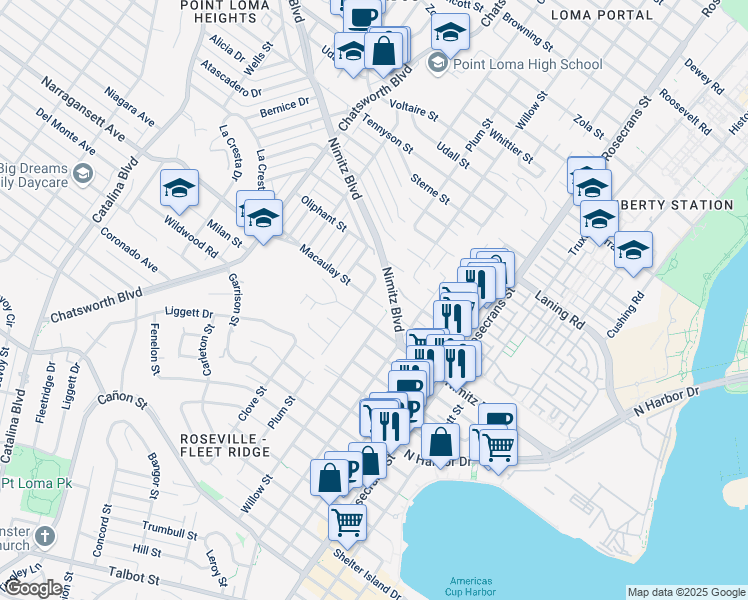 map of restaurants, bars, coffee shops, grocery stores, and more near 3405 Macaulay Street in San Diego