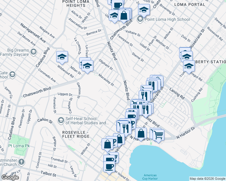 map of restaurants, bars, coffee shops, grocery stores, and more near 3405 Macaulay Street in San Diego
