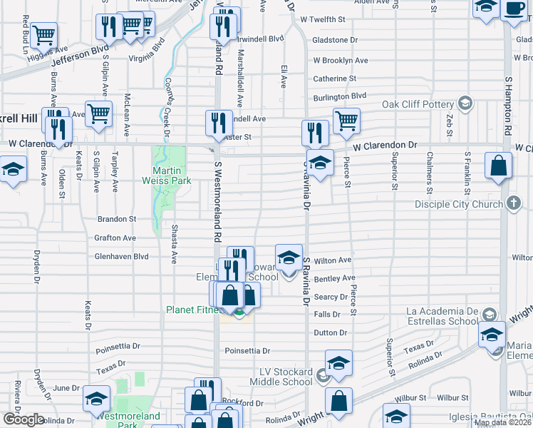 map of restaurants, bars, coffee shops, grocery stores, and more near 3030 Brandon Street in Dallas