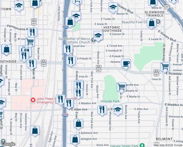 map of restaurants, bars, coffee shops, grocery stores, and more near 1205 New York Avenue in Fort Worth