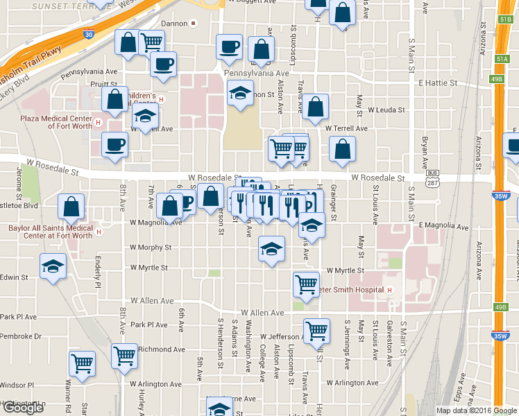 map of restaurants, bars, coffee shops, grocery stores, and more near 1209 College Avenue in Fort Worth