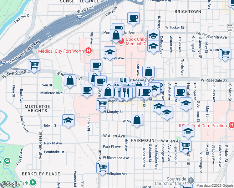 map of restaurants, bars, coffee shops, grocery stores, and more near 1201 Fairmount Avenue in Fort Worth