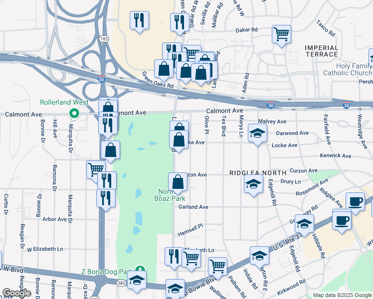 map of restaurants, bars, coffee shops, grocery stores, and more near 3007 Lackland Road in Fort Worth