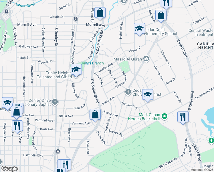 map of restaurants, bars, coffee shops, grocery stores, and more near 1814 Norfolk Avenue in Dallas