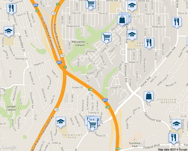 map of restaurants, bars, coffee shops, grocery stores, and more near 4120 Sycamore Drive in San Diego