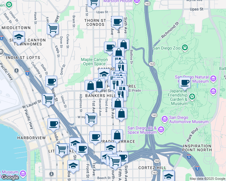 map of restaurants, bars, coffee shops, grocery stores, and more near 2400 West Laurel Street in San Diego