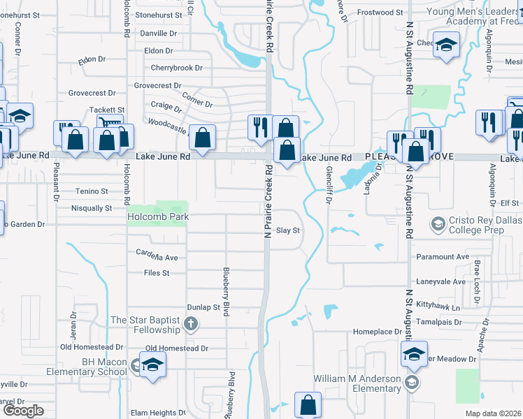 map of restaurants, bars, coffee shops, grocery stores, and more near 1101 North Prairie Creek Road in Dallas