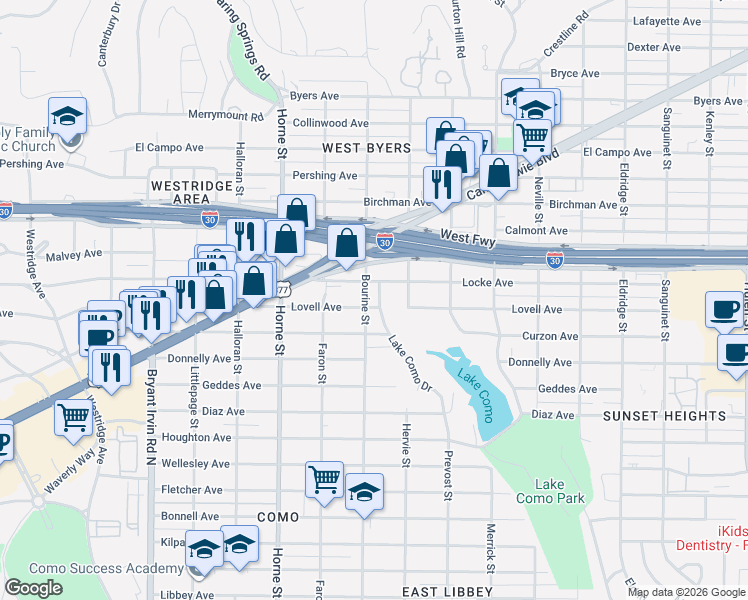 map of restaurants, bars, coffee shops, grocery stores, and more near 5432 Lovell Avenue in Fort Worth