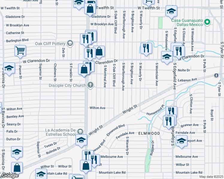 map of restaurants, bars, coffee shops, grocery stores, and more near 1303 South Oak Cliff Boulevard in Dallas