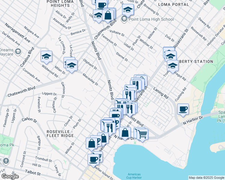 map of restaurants, bars, coffee shops, grocery stores, and more near 3244 Nimitz Boulevard in San Diego
