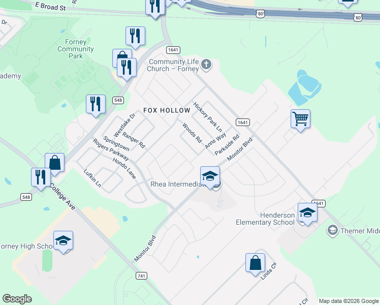 map of restaurants, bars, coffee shops, grocery stores, and more near 1134 Misty Meadow Drive in Forney