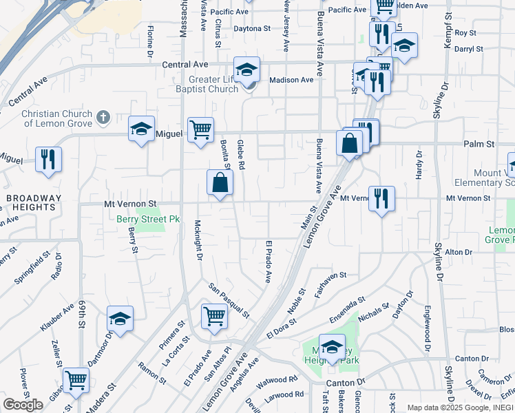 map of restaurants, bars, coffee shops, grocery stores, and more near 7363 Mount Vernon Street in Lemon Grove