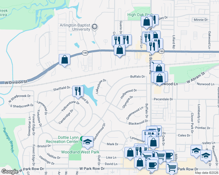 map of restaurants, bars, coffee shops, grocery stores, and more near 2801 Buffalo Drive in Arlington