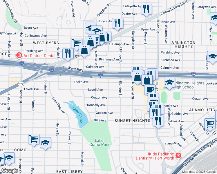 map of restaurants, bars, coffee shops, grocery stores, and more near 2909 Penticost Street in Fort Worth