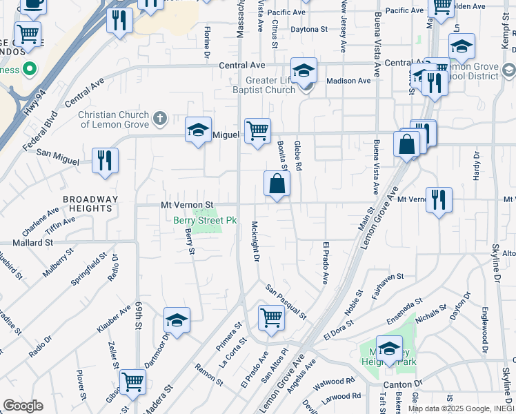 map of restaurants, bars, coffee shops, grocery stores, and more near 7255 Mount Vernon Street in Lemon Grove