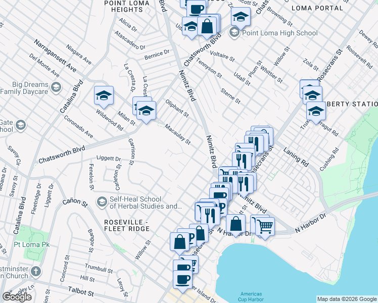 map of restaurants, bars, coffee shops, grocery stores, and more near 3405 Macaulay Street in San Diego