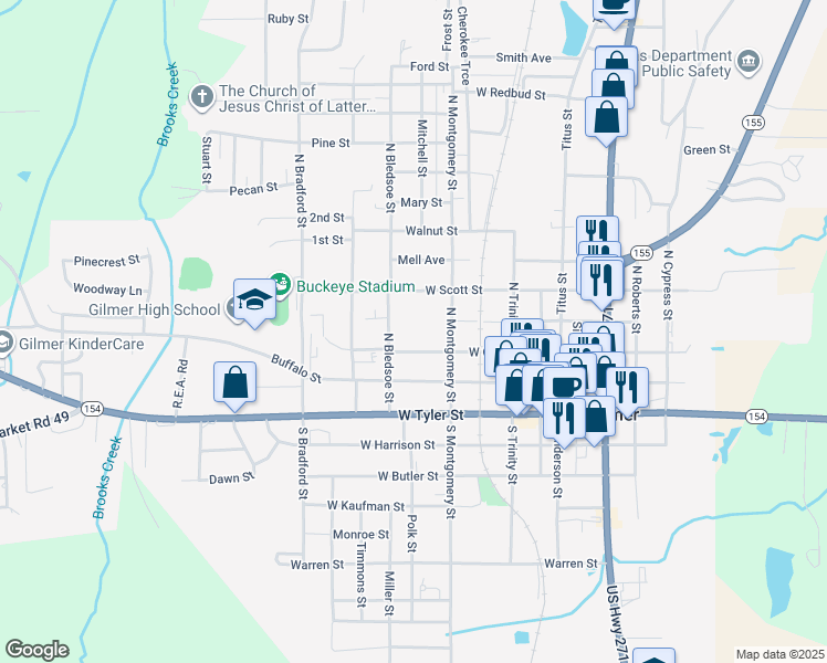 map of restaurants, bars, coffee shops, grocery stores, and more near 604 West Cass Street in Gilmer
