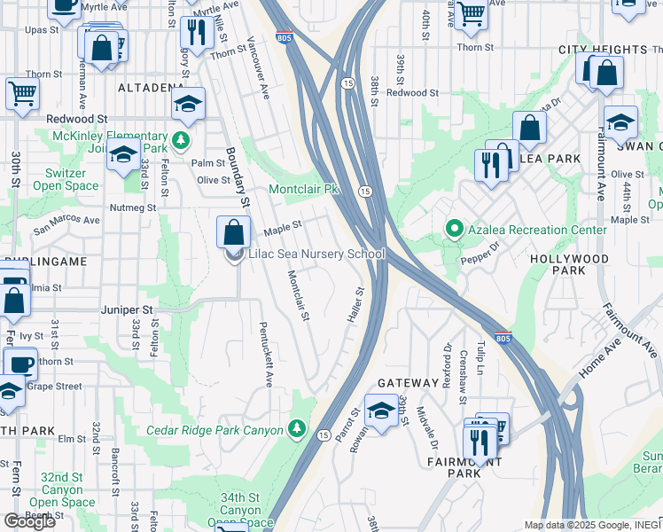 map of restaurants, bars, coffee shops, grocery stores, and more near 2371-73 Vancouver Avenue in San Diego