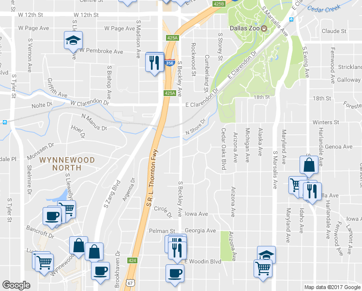map of restaurants, bars, coffee shops, grocery stores, and more near S Beckley Ave & Brookhaven Dr in Dallas