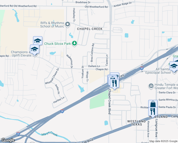 map of restaurants, bars, coffee shops, grocery stores, and more near 2905 Wispy Tr in Fort Worth