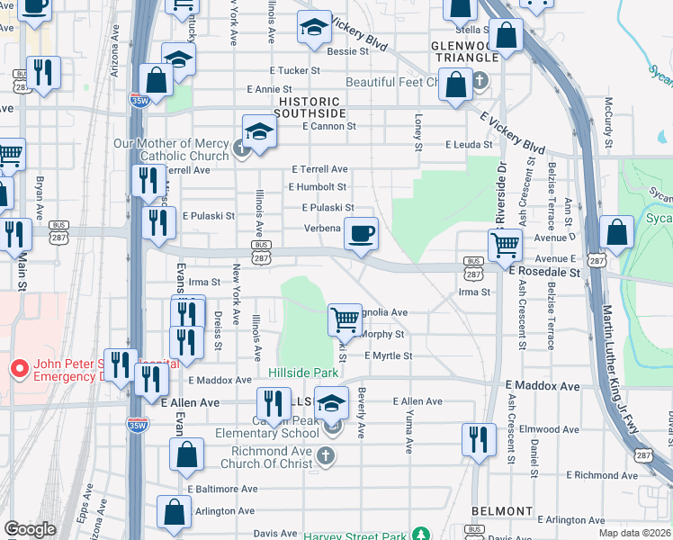 map of restaurants, bars, coffee shops, grocery stores, and more near 1174 Mansfield Avenue in Fort Worth