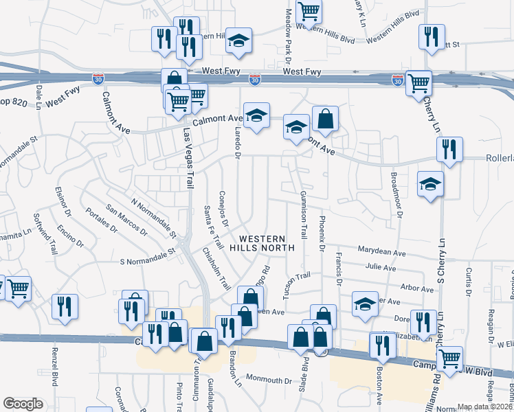 map of restaurants, bars, coffee shops, grocery stores, and more near 3009 Choctaw Trail in Fort Worth