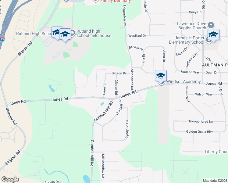 map of restaurants, bars, coffee shops, grocery stores, and more near 6461 Gibson Road in Macon