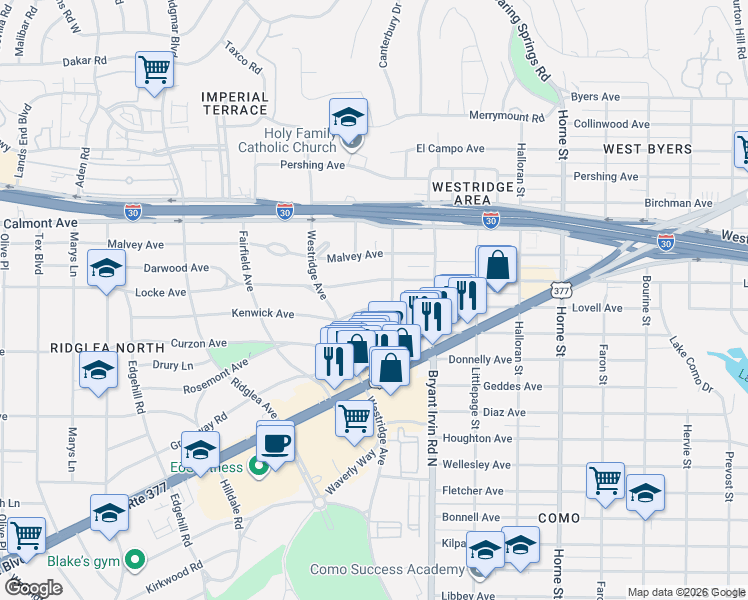 map of restaurants, bars, coffee shops, grocery stores, and more near 6108 Kenwick Avenue in Fort Worth