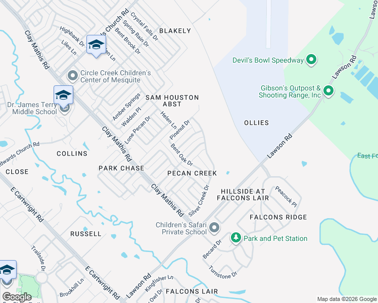 map of restaurants, bars, coffee shops, grocery stores, and more near 2059 Pecan Creek Drive in Mesquite