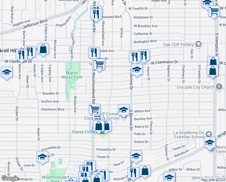map of restaurants, bars, coffee shops, grocery stores, and more near 3030 Brandon Street in Dallas