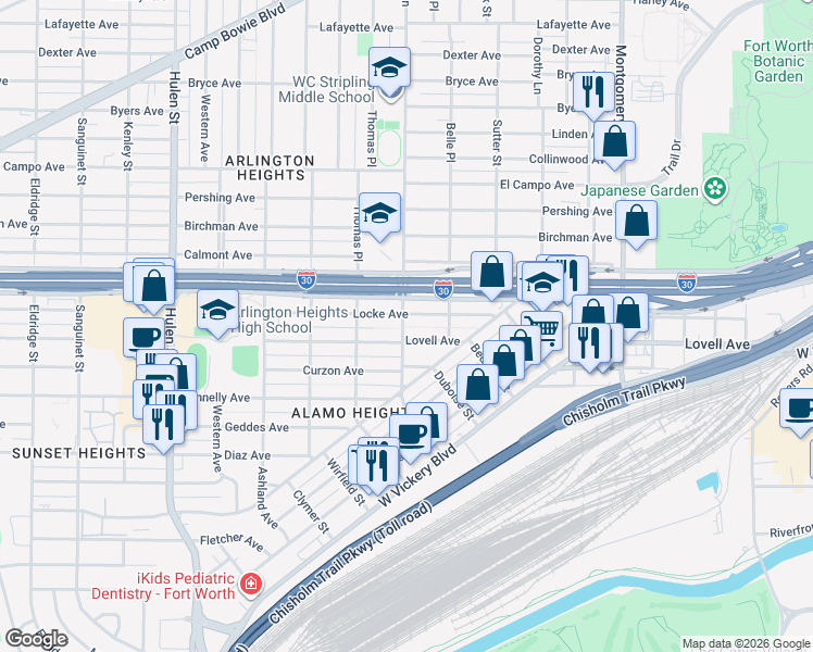 map of restaurants, bars, coffee shops, grocery stores, and more near 2901 Clover Lane in Fort Worth