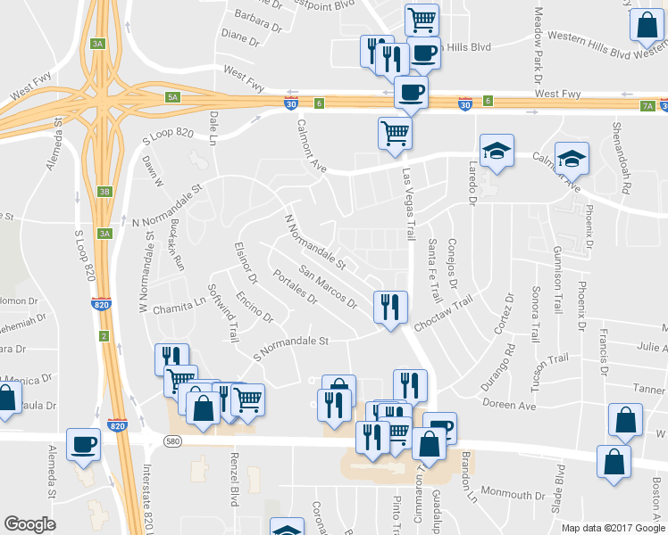 map of restaurants, bars, coffee shops, grocery stores, and more near 8725 North Normandale Street in Fort Worth