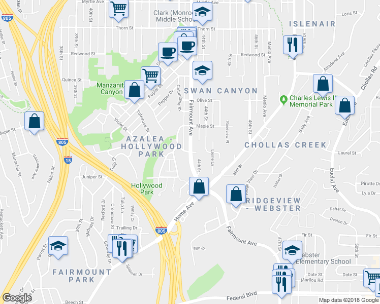 map of restaurants, bars, coffee shops, grocery stores, and more near Fairmount Avenue & Laurel Street in San Diego
