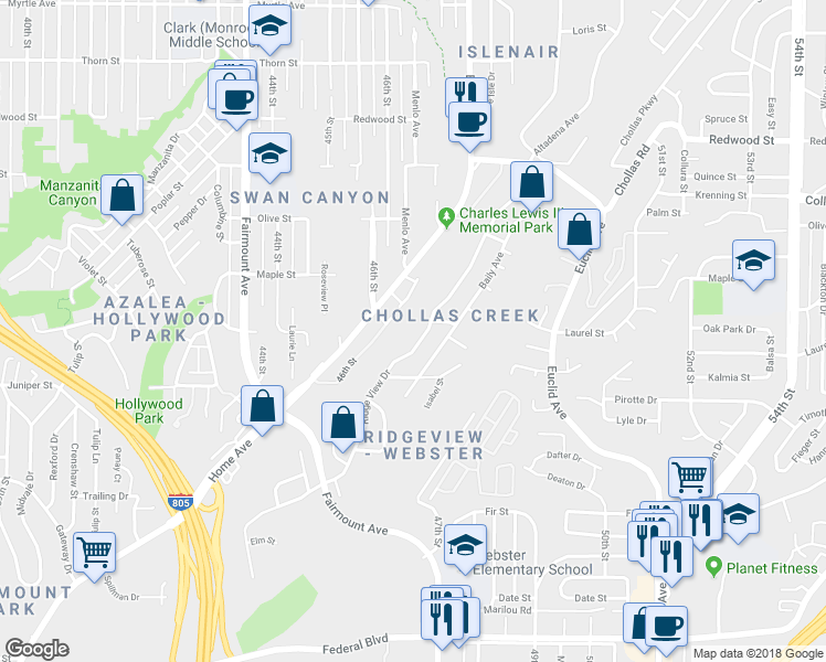 map of restaurants, bars, coffee shops, grocery stores, and more near 2384 Ridge View Drive in San Diego