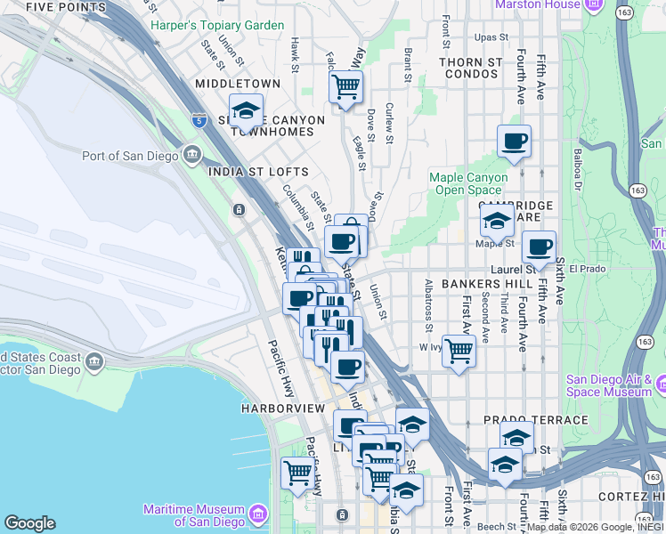 map of restaurants, bars, coffee shops, grocery stores, and more near 2565 Columbia Street in San Diego