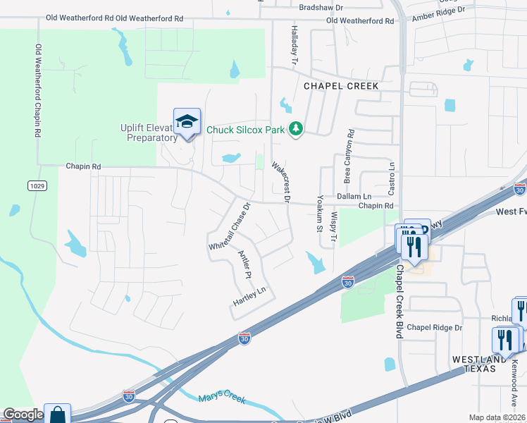map of restaurants, bars, coffee shops, grocery stores, and more near 2904 Early Fawn Court in Fort Worth