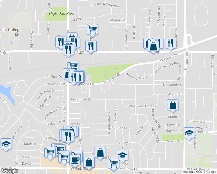 map of restaurants, bars, coffee shops, grocery stores, and more near 506 Pecan Acres Court in Arlington