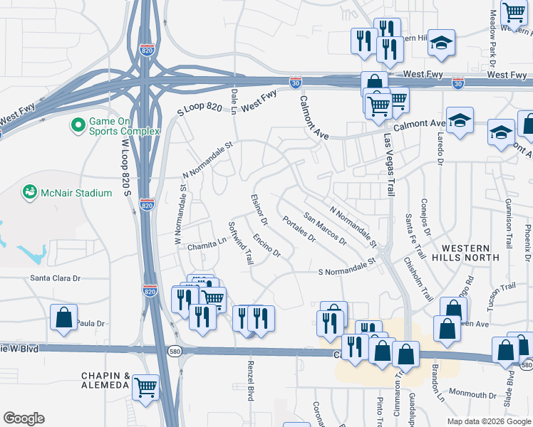 map of restaurants, bars, coffee shops, grocery stores, and more near 2900 Elsinor Drive in Fort Worth