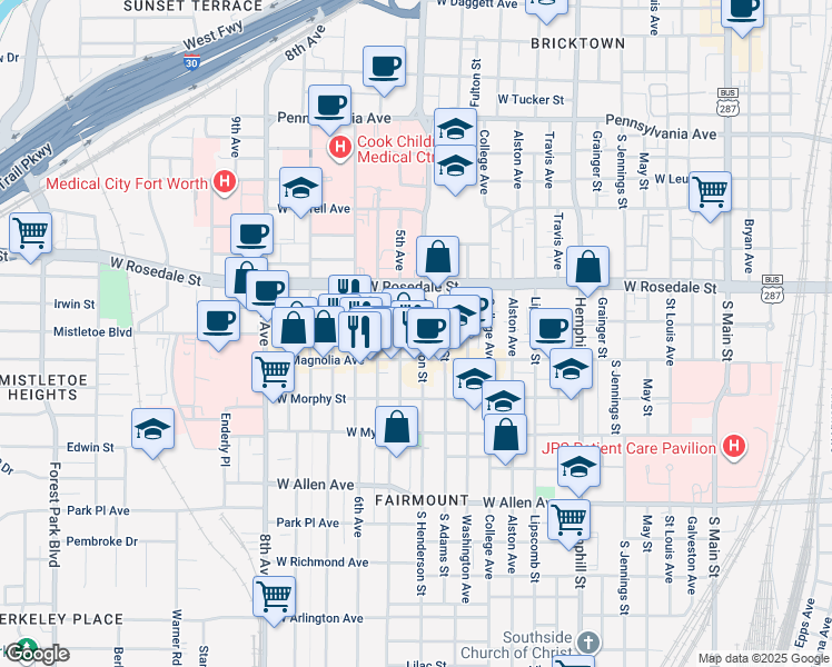 map of restaurants, bars, coffee shops, grocery stores, and more near 1212 South Henderson Street in Fort Worth