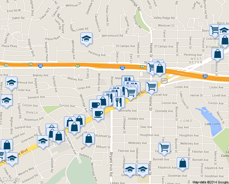 map of restaurants, bars, coffee shops, grocery stores, and more near 5932 Lovell Avenue in Fort Worth