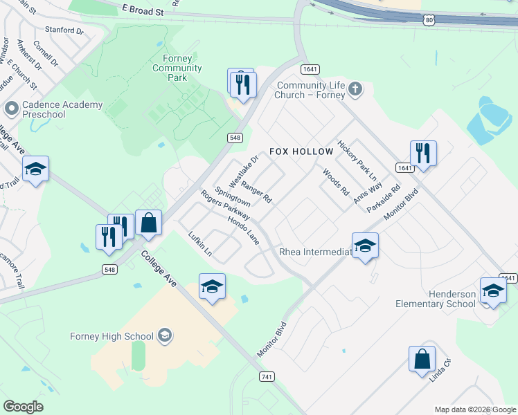 map of restaurants, bars, coffee shops, grocery stores, and more near 310 Graham in Forney
