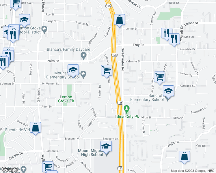 map of restaurants, bars, coffee shops, grocery stores, and more near 2340 Camino de Las Palmas in Lemon Grove