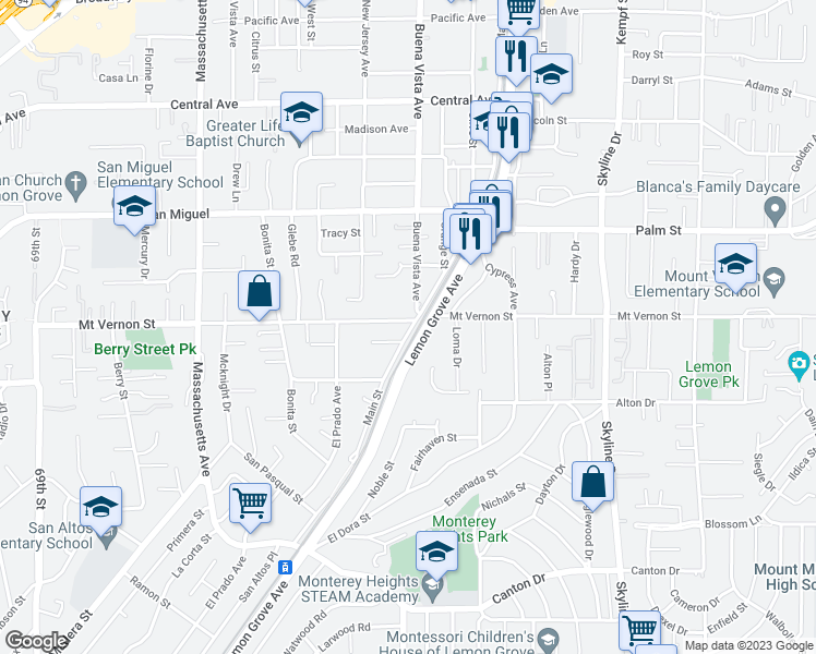 map of restaurants, bars, coffee shops, grocery stores, and more near 7573 Mount Vernon Street in Lemon Grove