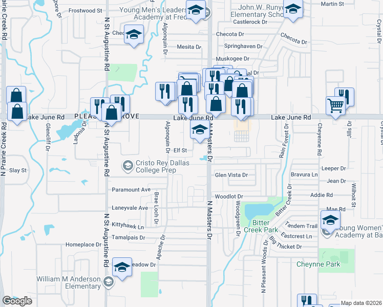 map of restaurants, bars, coffee shops, grocery stores, and more near 10044 Elf Street in Dallas