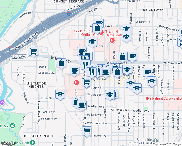 map of restaurants, bars, coffee shops, grocery stores, and more near 1209 Hurley Avenue in Fort Worth